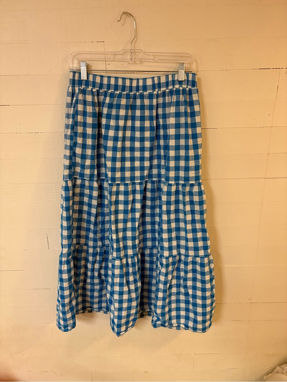 ZESICA Blue White Gingham Tiered Knee Length Skirt Elastic Waist Large